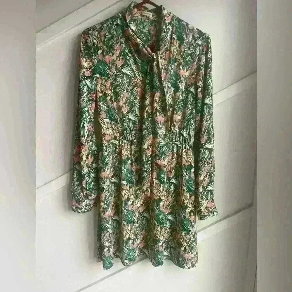 Aritzia Sunday Best Veronica Dress Green Yellow  Long Sleeve Neck Tie Size M - Picture 5 of 14
